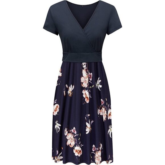 Womens Summer Short Sleeve V-Neck  Floral Wrap Waist Casual Dress with Pockets - Picture 4 of 6